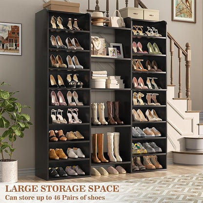 Unikito 14-Tier Shoe Cabinet, Wood Shoe Storage Organizer for Entryway, Freestanding Shoe Rack Cabinet with 22 Open Cubbies for Front Door Entrance, Living Room, Hallway, Bedroom, Black