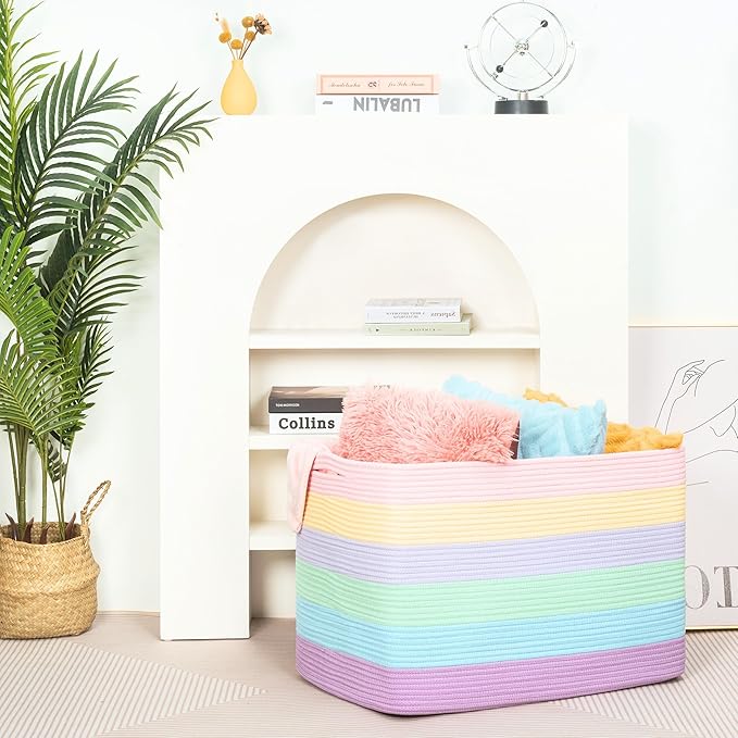 MINTWOOD Design 112L Extra Large Blanket Basket Holder Living Room, 25"x17"x16" Rectangle Rope Woven Storage Basket with Handles for Laundry, Towels, Shoes, Dog Toy Organizer Bin Box, Pastel Rainbow