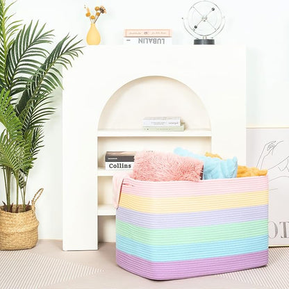 MINTWOOD Design 112L Extra Large Blanket Basket Holder Living Room, 25"x17"x16" Rectangle Rope Woven Storage Basket with Handles for Laundry, Towels, Shoes, Dog Toy Organizer Bin Box, Pastel Rainbow