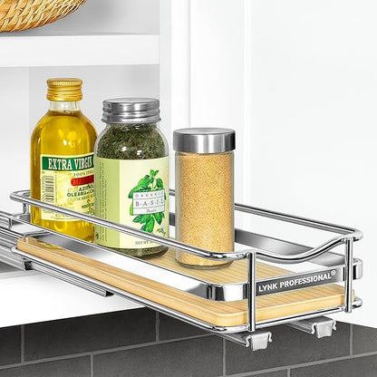 LYNK PROFESSIONAL® Élite™ Pull Out Spice Organization for Cabinets - 4-3/8 inch Wide – Spice Rack for Inside Cabinets – Wood/Chrome - Sliding Spice Rack Organizer for cabinet – Spice Rack - 1 Tier