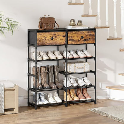 Shoe Rack, 6 Tier Shoe Rack Organizer with 2 Large Drawers, Shoe Storage for 20-24 Pairs, Sturdy Metal Shoe Shelf Shoe Stand for Closet Entryway, Rustic Brown and Black