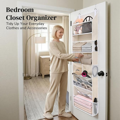 6-in-1 Over Door Hanging Organizer, Versatile Storage Over Door Organizer with 12 Mesh Pockets, 44 lbs Weight Capacity Hanging Storage Organizer for Bedroom, Bathroom,Behind Door,Beige