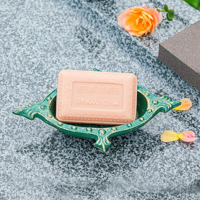 Sungmor Heavy Duty Cast Iron Soap Holder, Vintage Bar Soap Dish for Kitchen Bathroom Sink, Lovely Starfish Shape & Antique Green Sponge Dish Soap Tray, Decorative Jewelry Holder Tabletop Container