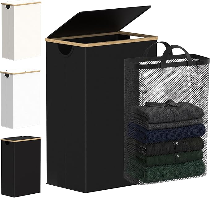 efluky Slim Laundry Basket with Lid, Narrow Laundry Hamper with Removable Bag, Skinny Dirty Clothes Basket with Bamboo Handles for Bathroom, Bedroom & Laundry Room, 90L Black
