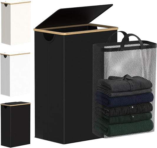 efluky Slim Laundry Basket with Lid, Narrow Laundry Hamper with Removable Bag, Skinny Dirty Clothes Basket with Bamboo Handles for Bathroom, Bedroom & Laundry Room, 90L Black