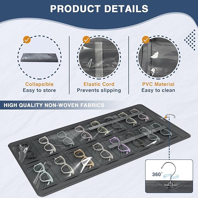 Hanging Sunglasses Organizer and Storage, Dual-Sided Sunglasses Case and Jewelry Holder, Wall-Mounted, 32 Clear Slots, Dust-Proof, Roof Design for Travel, Dark Gray