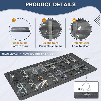 Hanging Sunglasses Organizer and Storage, Dual-Sided Sunglasses Case and Jewelry Holder, Wall-Mounted, 32 Clear Slots, Dust-Proof, Roof Design for Travel, Dark Gray