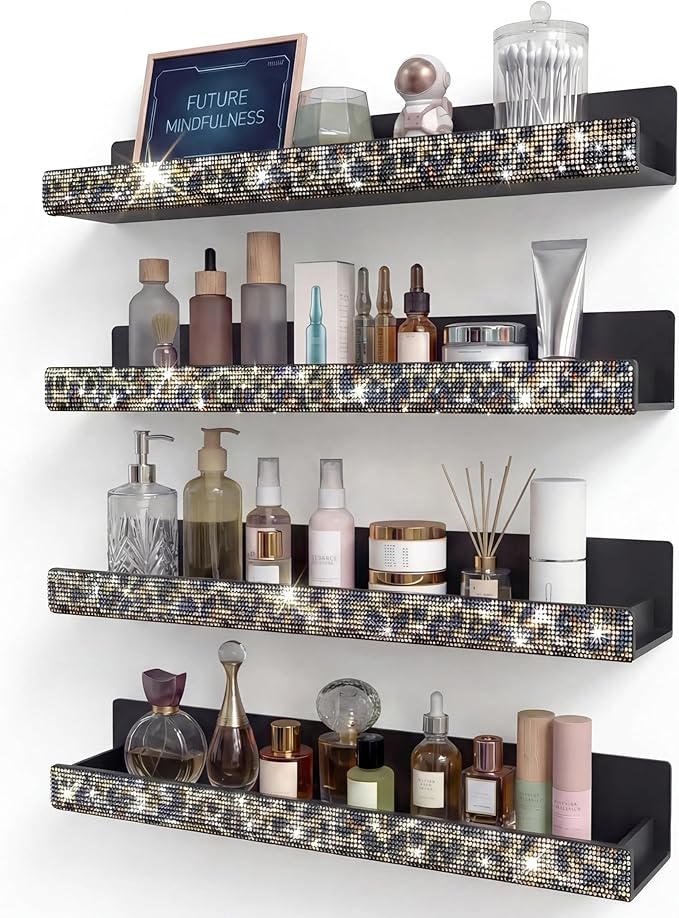 Nail Polish Wall Shelf -15 Inch Acrylic Black with Bling Leopard Print Sparkling Crystal Rhinestone, Essential Oil Organizer, Sunglasses Picture Display, Nail Polish Rack for Bedroom, Studio 4 Pack