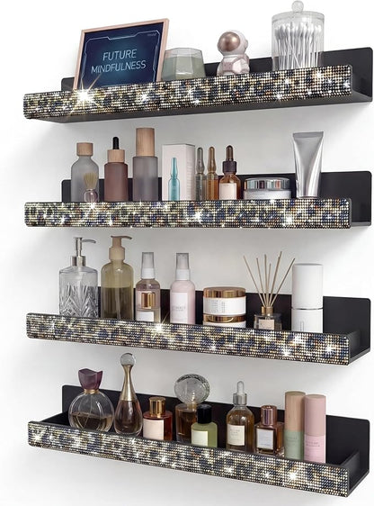 Nail Polish Wall Shelf -15 Inch Acrylic Black with Bling Leopard Print Sparkling Crystal Rhinestone, Essential Oil Organizer, Sunglasses Picture Display, Nail Polish Rack for Bedroom, Studio 4 Pack