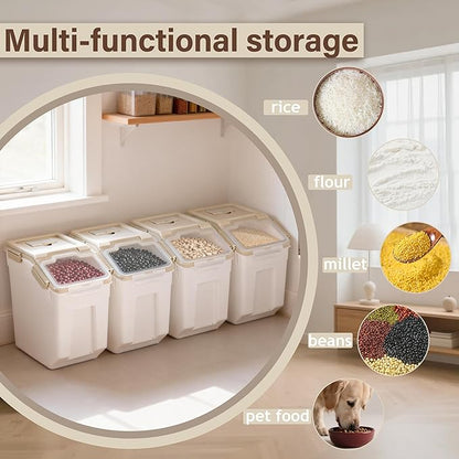 RUIAN 25lb Flour Rice Storage Containers Bin, Large Airtight Storage Container with Wheels Seal Locking Lid, with Measuring Cup&Scoop for Flour, Rice, Grain(Gray 4PCS)