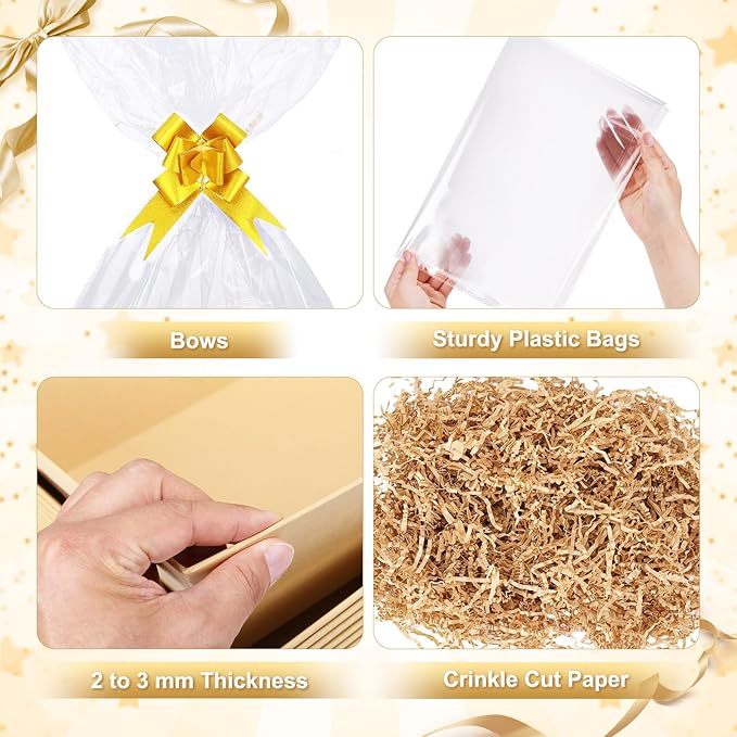 5 Pack Baskets For Gifts Empty, 10x12” Kraft Gift Basket Kit with Clear Bags Gold Bows 200g Crinkle Cut Paper Empty Gift Baskets to Fill Large Gift Baskets for Christmas, Birthdays, Holidays, Weddings
