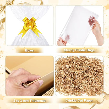 5 Pack Baskets For Gifts Empty, 10x12” Kraft Gift Basket Kit with Clear Bags Gold Bows 200g Crinkle Cut Paper Empty Gift Baskets to Fill Large Gift Baskets for Christmas, Birthdays, Holidays, Weddings