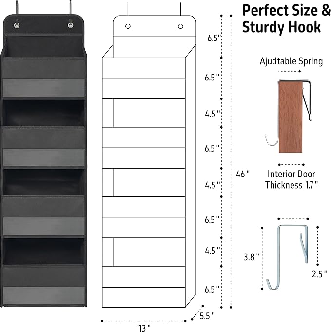 TYMENSH Over The Door Hanging Organizer with 4 Large Pockets – Closet, Bathroom, Nursery, Bedroom, Dorm Storage for Toys, Cosmetics, and Baby Essentials, Black