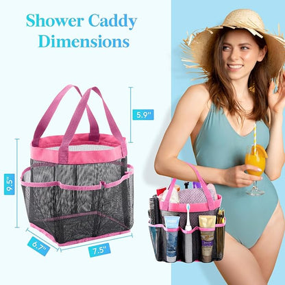 Lifewit Mesh Shower Caddy Portable for College Dorm Room Essentials with 7 Pockets, Freestanding Hanging Organizer Basket, Quick Dry Tote Bag for Camping, Bathroom, Beach, Travel, 1 Pack, Pink