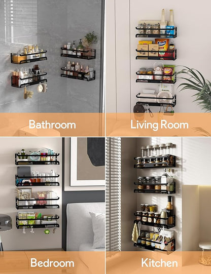 Spice Rack Wall Mount with Hooks - Spice Racks Organizer for Cabinet Storage, Wall Mounted Hanging Shelf Seasoning Organizer, for Kitchen, Pantry Door, Bathroom (Black, 1 Pack)