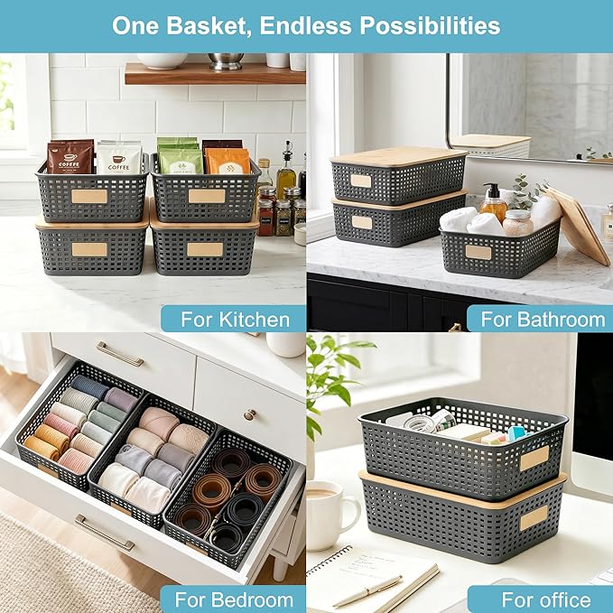 Bagnizer 4 Pack Plastic Storage Bins with Bamboo Lids, 6.2qt Stackable Storage Organizer Box with Lable for Pantry Shelves Drawers Desktop Office, 12"L x 8.3"W x 3.5"H, Gray