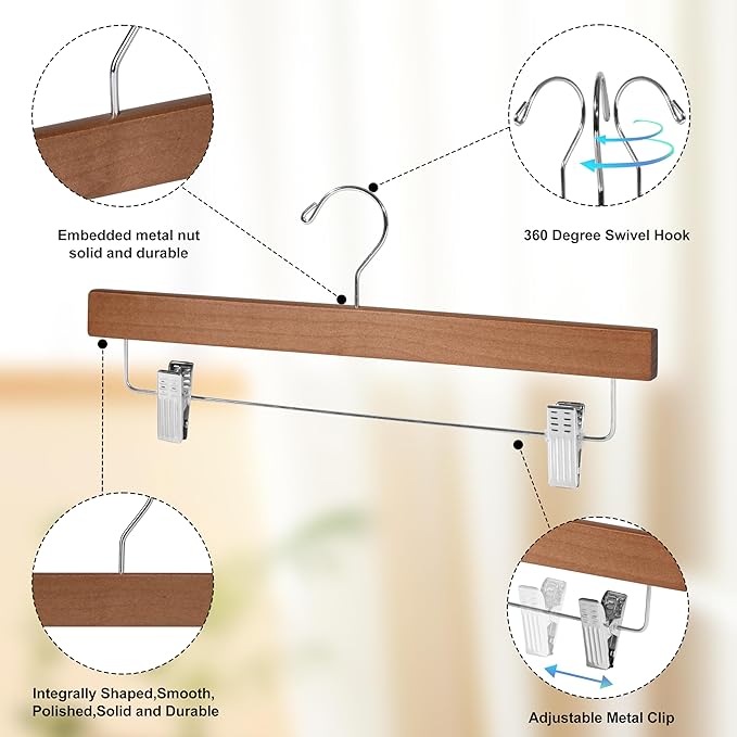 Quality Hangers Wooden Pants Hangers - 100-Pack Swivel Hook Cloth Hanger Set - Lotus Wood Skirt, Pant, Shorts and Slack Hangers with Adjustable Clip – Clothing Hanger Set (Walnut - Chrome Hook, 100)