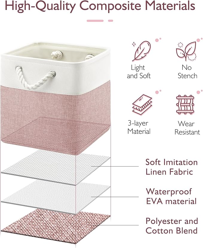 Patvingot 13x13x13 Cube Storage Bins,4 Pack Large Foldable Fabric Storage Cubes with Handles for Organizing Home, Closet, Shelf, Office(White&Pink)