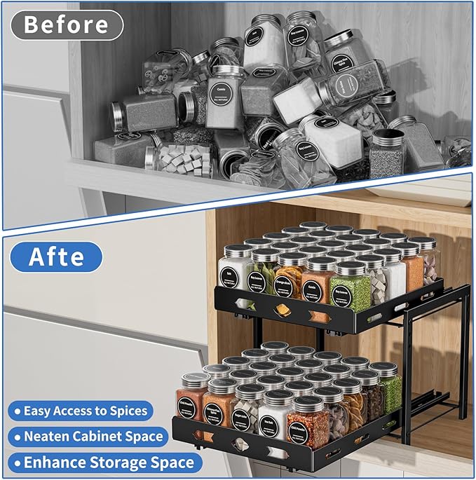 BOIVSHI Pull Out Spice Rack Organizer for Cabinet, 2 Tier Cabinet Spice Rack Organizer, Height Adjustable Vertical Spice Rack for Kitchen Cabinet (11.9''Wx10.8''Dx9.2''H, Metal Black)