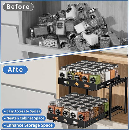 BOIVSHI Pull Out Spice Rack Organizer for Cabinet, 2 Tier Cabinet Spice Rack Organizer, Height Adjustable Vertical Spice Rack for Kitchen Cabinet (11.9''Wx10.8''Dx9.2''H, Metal Black)