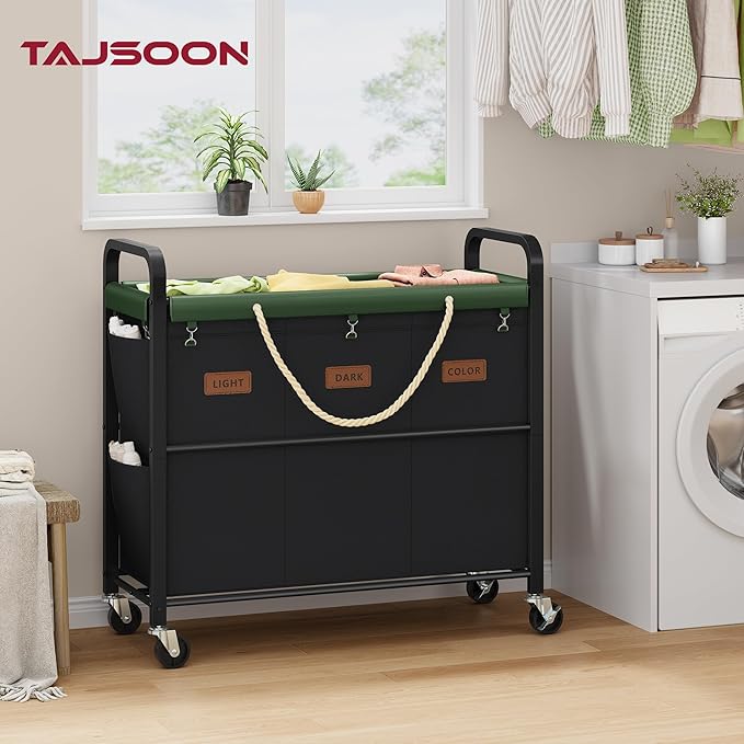 Tajsoon 148L Large Laundry Sorter 3 Section, Laundry Hamper with Heavy Duty Lockable Wheels, Rolling Laundry Basket with Super Sturdy Metal Frame and Handle, Removable Bags & Leather Patchwork, Black