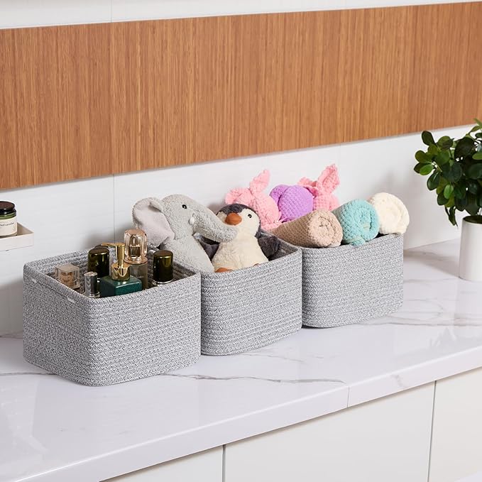 MiniArk Small Organizing Baskets for Cubes Shelf, 9.7x9.7x7.1 Inch Rope Woven Storage Bins for Nursery Shelves Storage, Cute Toy Basket, Square 3 Packs Mixed Grey