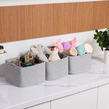 MiniArk Small Organizing Baskets for Cubes Shelf, 9.7x9.7x7.1 Inch Rope Woven Storage Bins for Nursery Shelves Storage, Cute Toy Basket, Square 3 Packs Mixed Grey
