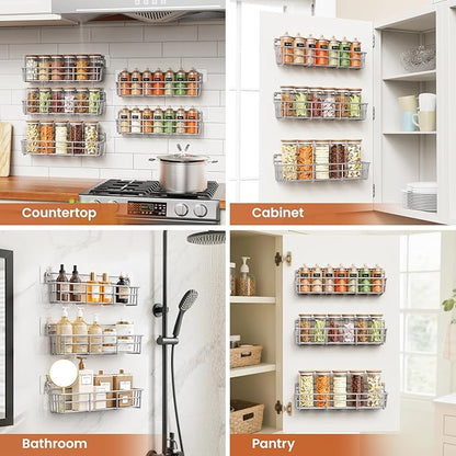 Mystozer 5 Pack Spice Rack Seasoning Organizer Wall Mount, Screw or Adhesive Hanging Shelf Basket Spice Organizer Pantry Organizers Shelf for Kitchen Spice Organization for Cabinet (Silver)