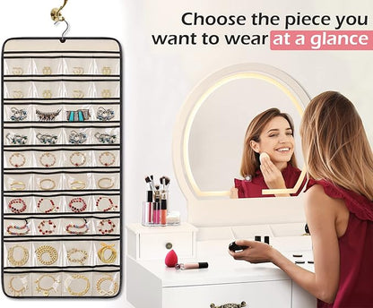 MISSLO Dual-sided Hanging Jewelry Organizer with 40 Pockets and 20 Hook & Loops Closet Necklace Holder for Earring Bracelet Ring Chain with Rotating Hanger, Beige
