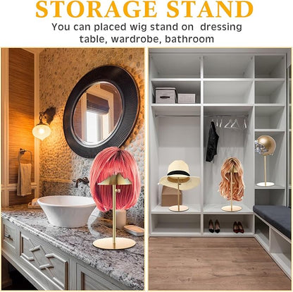 Sintuff 4 Pcs Hat Display Stand:adjustable 7.9-15.7inch Wigs Head Holder Stand Non Slip Stainless Steel Metal Rack for Multiple Hats Wig Storage Styling Practice(Gold,Round Base)