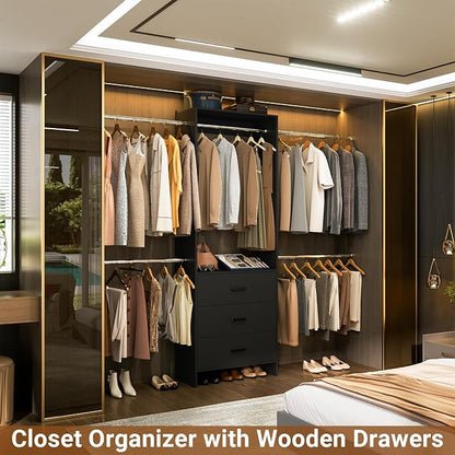 Aheaplus Closet System With 3 Wooden Drawers, Walk-in Wardrobe Organizer, Clothes Rack With 4 Hanging Rods, Garment Rack, -4R, Black