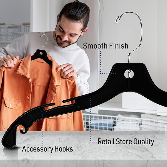 Victory Display Heavy Duty Black Plastic Hangers for Clothes | Space-Saving Slim Hangers with Swivel Hooks | Sturdy Plastic Hanger for Wardrobe Organization and Closet Storage | 17 inches | 100 Pack