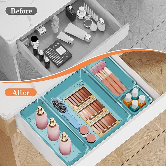 SpaceHacks 25 PCS Plastic Drawer Organizer Set, 4-Size Versatile Organizer Trays & Storage Bins for Makeup, Jewelry, and Gadgets in Bathroom, Bedroom and Office, Sea Blue