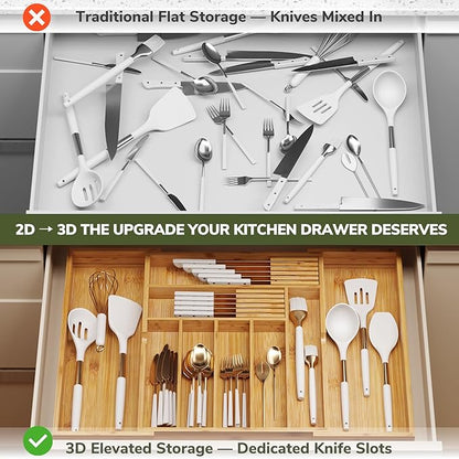 BAMEOS Bamboo Drawer Organizer Expandable Kitchen Silverware Organizer with 7-9 Deep Compartments, Bamboo Reinforced Cutlery Tray, Adjustable Utensil Holder for Kitchen(16.1"-22.4" Wide, Natural)