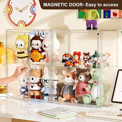 Acrylic Clear Display Case, Stackable Plastic Storage Bins with Shelf, Figure Figurine Hobby Display Case with Magnetic Lid, Large Acrylic Display Box for Collectibles, Figures, 2 Pack
