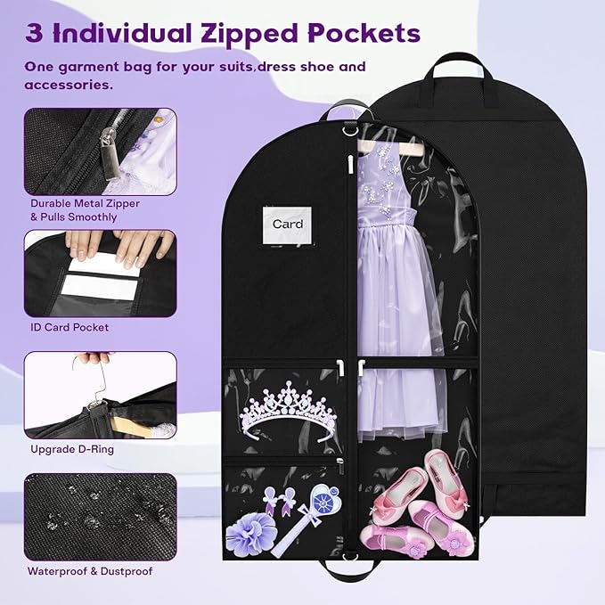Dance Garment Bags for Dancers, 40" Garment Bags for Hanging Clothes with 3 Clear Zipper Pockets, Cheer Uniform Garment Bag for Suits, Travel & Sports Jersey, Cheer Uniform (Black, 1Pack 40")