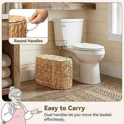 GRANNY SAYS Slim Toilet Paper Holder Baskets for 6 Mega Rolls, Bathroom Toilet Paper Storage Baskets with Lid, Wicker Natural Water Hyacinth Storage Basket with Handles for Bathroom Organizer