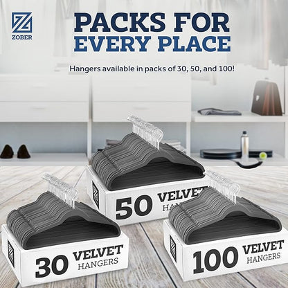 Zober Velvet Hangers 50 Pack - Heavy Duty Gray Hangers for Coats, Pants & Dress Clothes - Non Slip Clothes Hanger Set - Space Saving Felt Hangers for Clothing