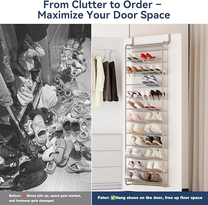 Whitmor 36 Pair Over The Door Shoe Organizer, 12 Tier Hanging Shoe Organizer, Heavy Duty Metal & Mesh Shoe Holder, Hanging Shoe Rack for Closet Organizer & Storage, 74" L x 21.7" W x 7.5" H, Mocha