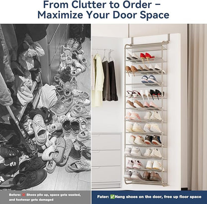 Whitmor 36 Pair Over The Door Shoe Organizer, 12 Tier Hanging Shoe Organizer, Heavy Duty Metal & Mesh Shoe Holder, Hanging Shoe Rack for Closet Organizer & Storage, 74" L x 21.7" W x 7.5" H, Mocha
