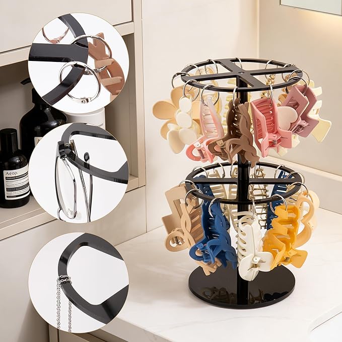 2-Tier Black Acrylic Claw Clip Organizer Rack-Large Capacity Hair Claw Clips Holder for Bathroom, Bedroom- Durable Clear Hair Accessories Organizer Storage for Women and Girls (Black)