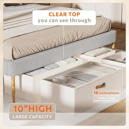 10inch 3 Pack Under Bed Storage Containers, 10 Inch Tall Underbed Clothes Storage Organizer Bin with Clear Window，Foldable Box Basket for Clothes, Closet, Bed Sheets and Blankets White