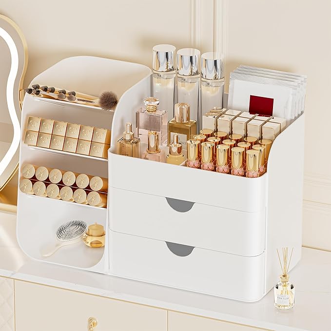 Booklov Makeup Organizer for Vanity, Countertop Cosmetic Display Case with Drawers, Bathroom Counter Beauty Caddy, Comfyroom Table Storage Holder for Skincare, Brush Eyeliner Eyeshadow Lipstick, White