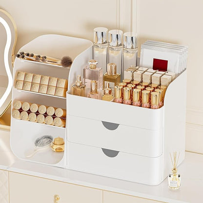 Booklov Makeup Organizer for Vanity, Countertop Cosmetic Display Case with Drawers, Bathroom Counter Beauty Caddy, Comfyroom Table Storage Holder for Skincare, Brush Eyeliner Eyeshadow Lipstick, White