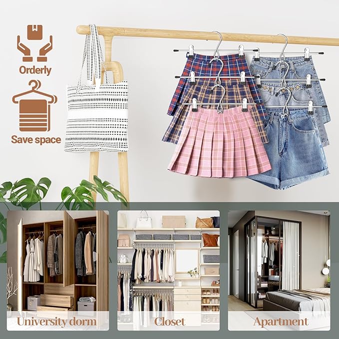 Pants Hangers Space Saving,Stackable Skirt Hangers with Clips, Hanging Closet Organizer and Storage,Clothes Hangers, College Dorm Essentials Apartment Essentials- 16 Pack