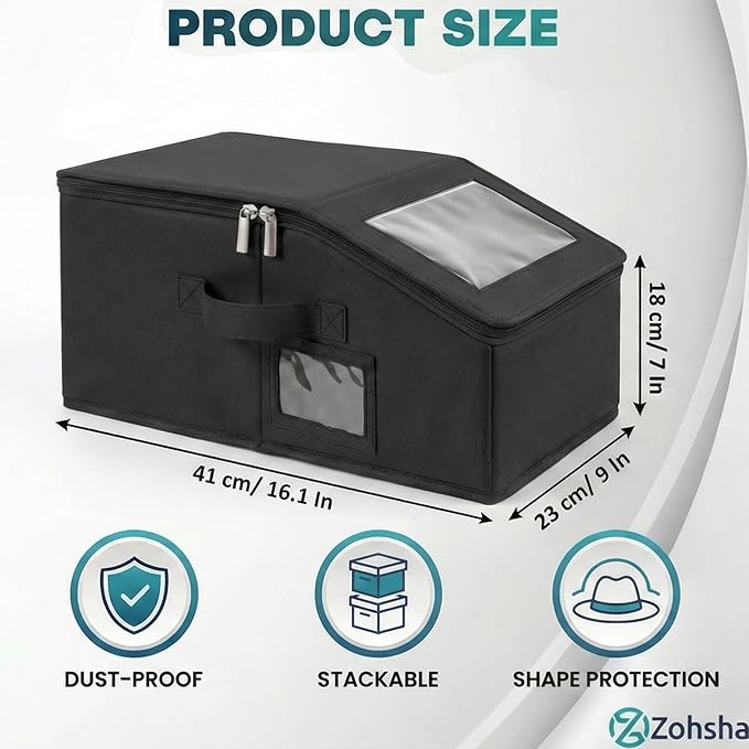 2-Pack Black Hat Organizer Boxes – Holds Up to 24 Caps Stackable Baseball Cap Storage, Breathable Fabric, Clear Window Lid, Foldable & Dustproof Hat Rack for Closet or Shelf