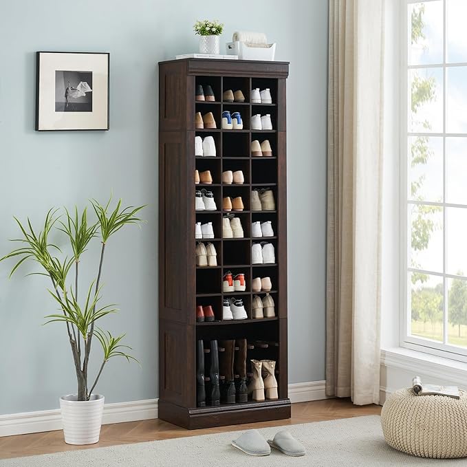 Shoe Storage Cabinet, Freestanding Tall Closet Shoe Organizer with Cubbies for 33 Pairs, Wooden Shoe Rack for Closet, Entryway, Living Room