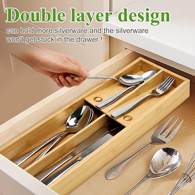 Small Bamboo Silverware Organizer for Drawer Utensil Tray Wood Cutlery Organizer Holder Narrow Flatware Caddy Wooden Kitchen Utensil Cutlery Drawer Skinny Fork and Spoon Silverware Organizer Tray