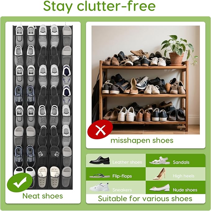 Over the Door Shoe Organizer with 40 Large Breathable Mesh Pockets, Space Saving Shoe Holder, Hanging Shoe Rack for Entryway Bedroom Closet Storage (Black, 40 Pockets)