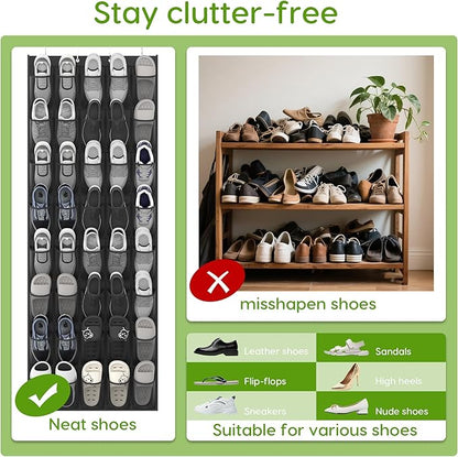 Over the Door Shoe Organizer with 40 Large Breathable Mesh Pockets, Space Saving Shoe Holder, Hanging Shoe Rack for Entryway Bedroom Closet Storage (Black, 40 Pockets)